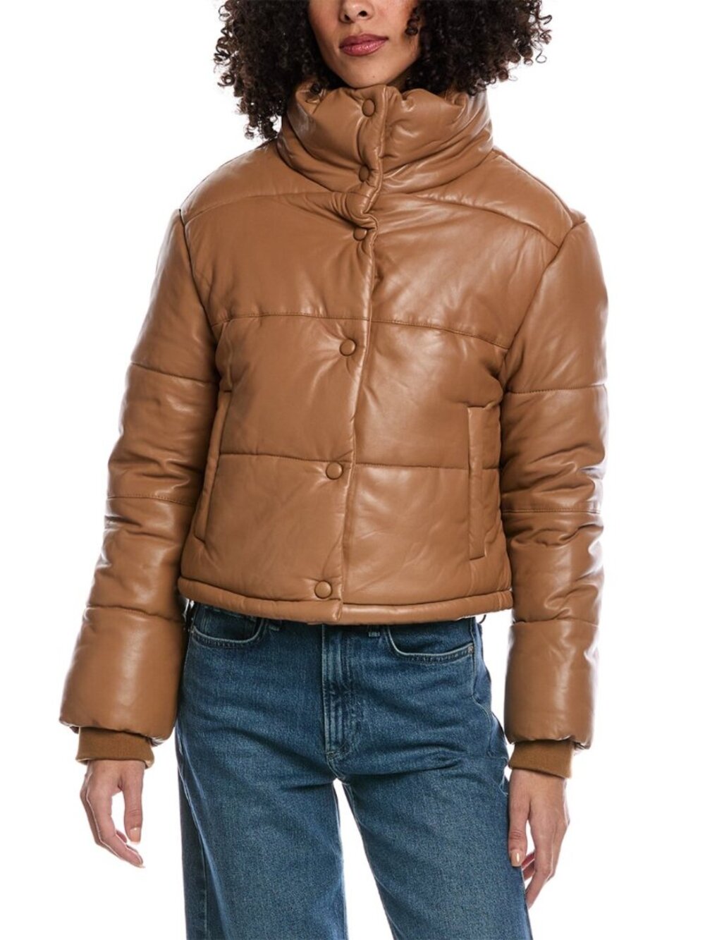 Walter Baker Camel Tan Genuine Leather Cropped Quilted Puffer Bomber Jacket
